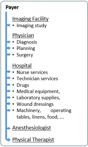 Fee-for-service reimbursement model showing payer decisions for individual medical services